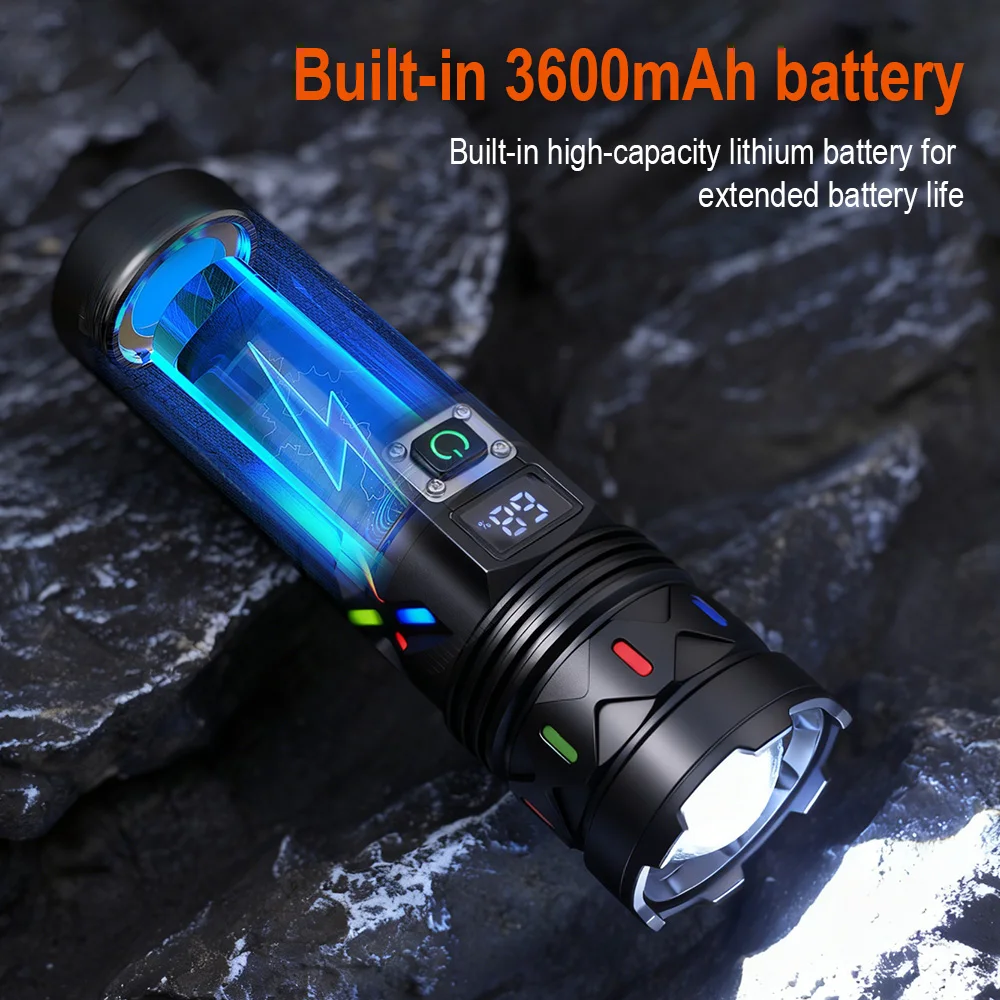 BORUiT 5000Lumen Ultra Bright LED Flashlight1500M Range Zoom Torch USB Rechargeable Handheld Torch With Digital Display Camping