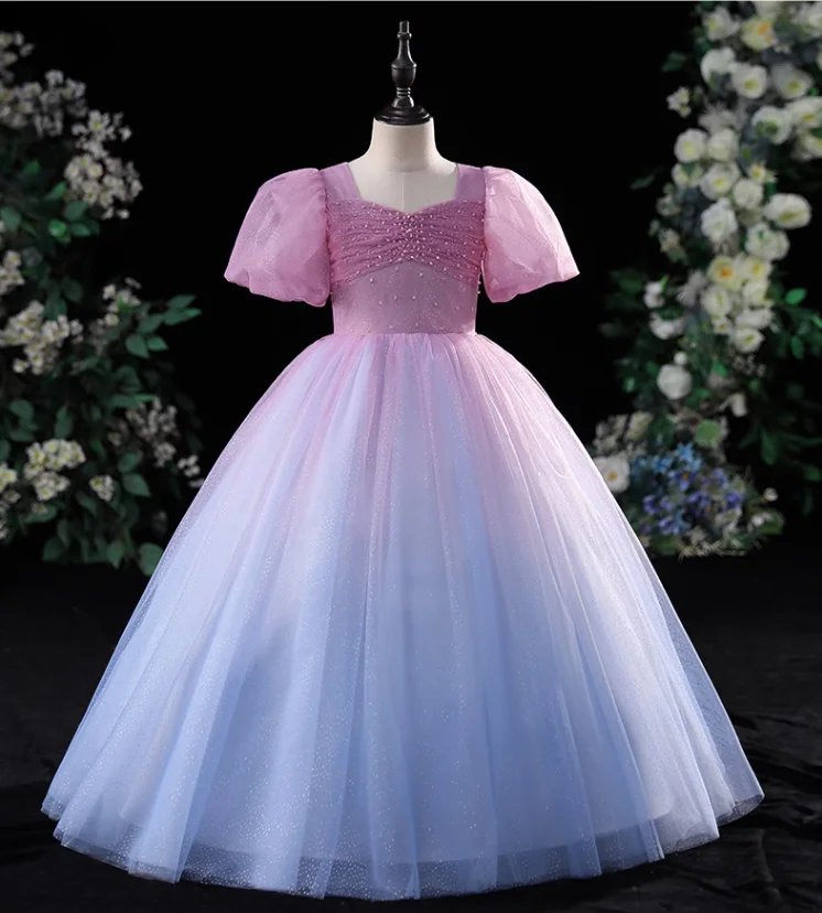 IRIDESCENT Gradient Blue Scoop Princess Bow Flower Girls Dress Short Sleeve Wedding Birthday Party Lace Zipper Children Clothing