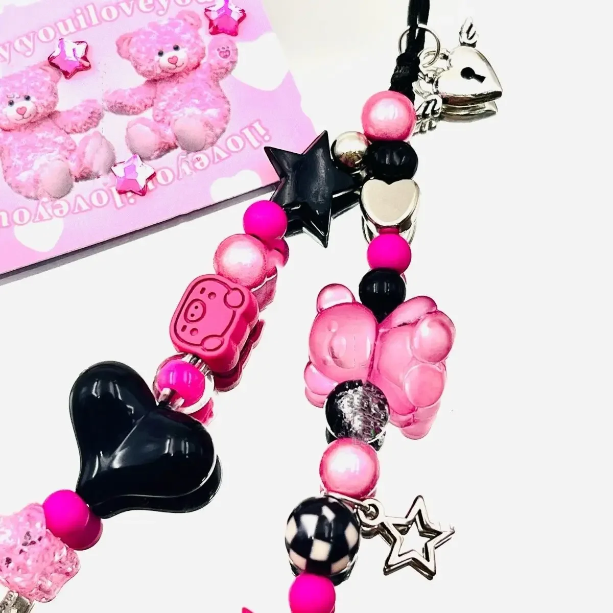 Original Magenta Bear Star Pendant Phone Charms Strap CCD Camera Lanyard Keychain Sweet Cool Girl Bracelet Jewelry Gift