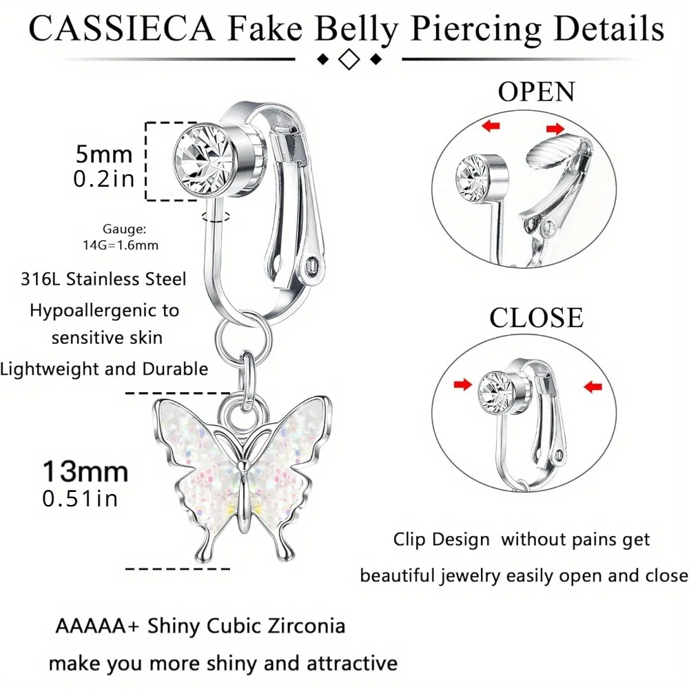 Diamday-Aço Cirúrgico Prata Fake Umbigo Piercings para Mulheres e Meninas, Clip-On Cubic Zirconia Umbigo Jóias, 1Pc