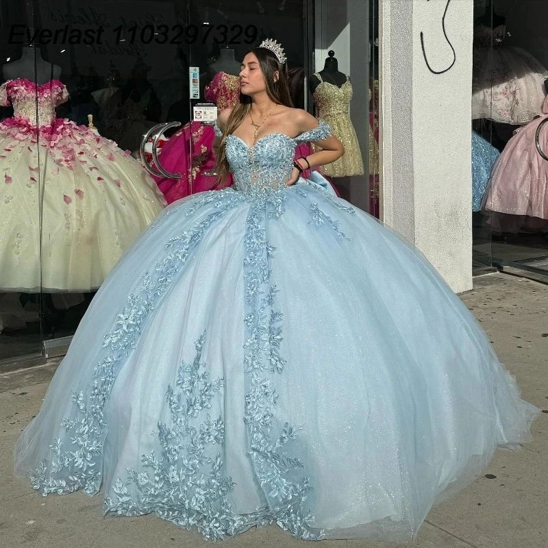 

EVLAST Shiny Blue Quinceanera Dress Ball Gown Sequins Lace Applique Beading Off Shoulder Bow Sweet 16 Vestido De 15 Anos TQD405