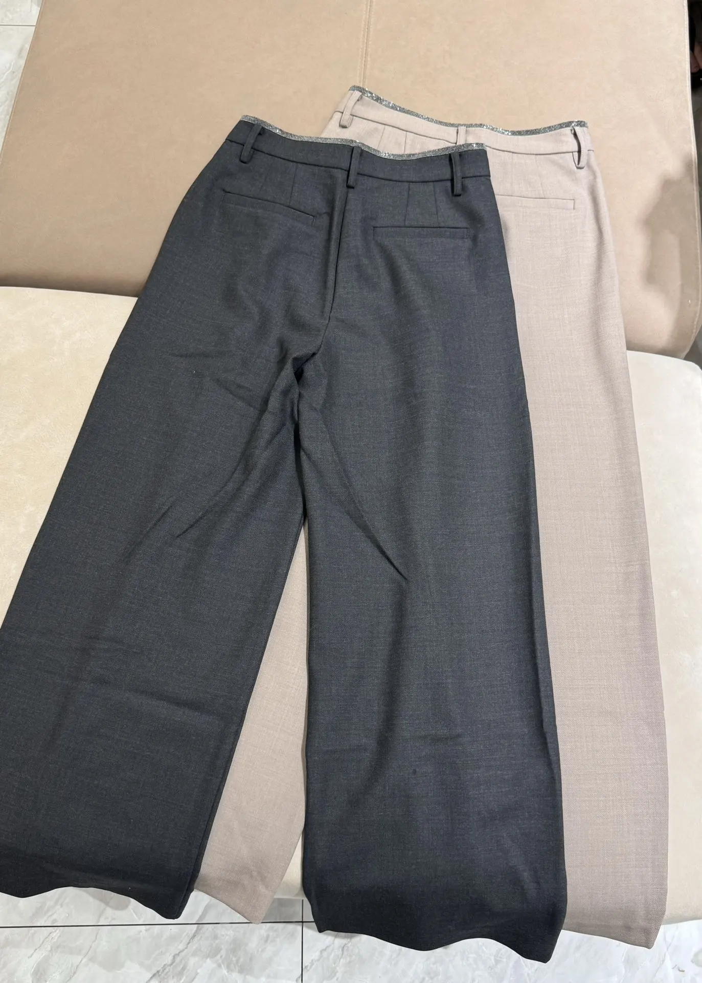 Spring Women's Worsted Wool Blazer Suit Beaded Jacket + High Waist Straight-leg Wide-leg Pants 2-Piece Set