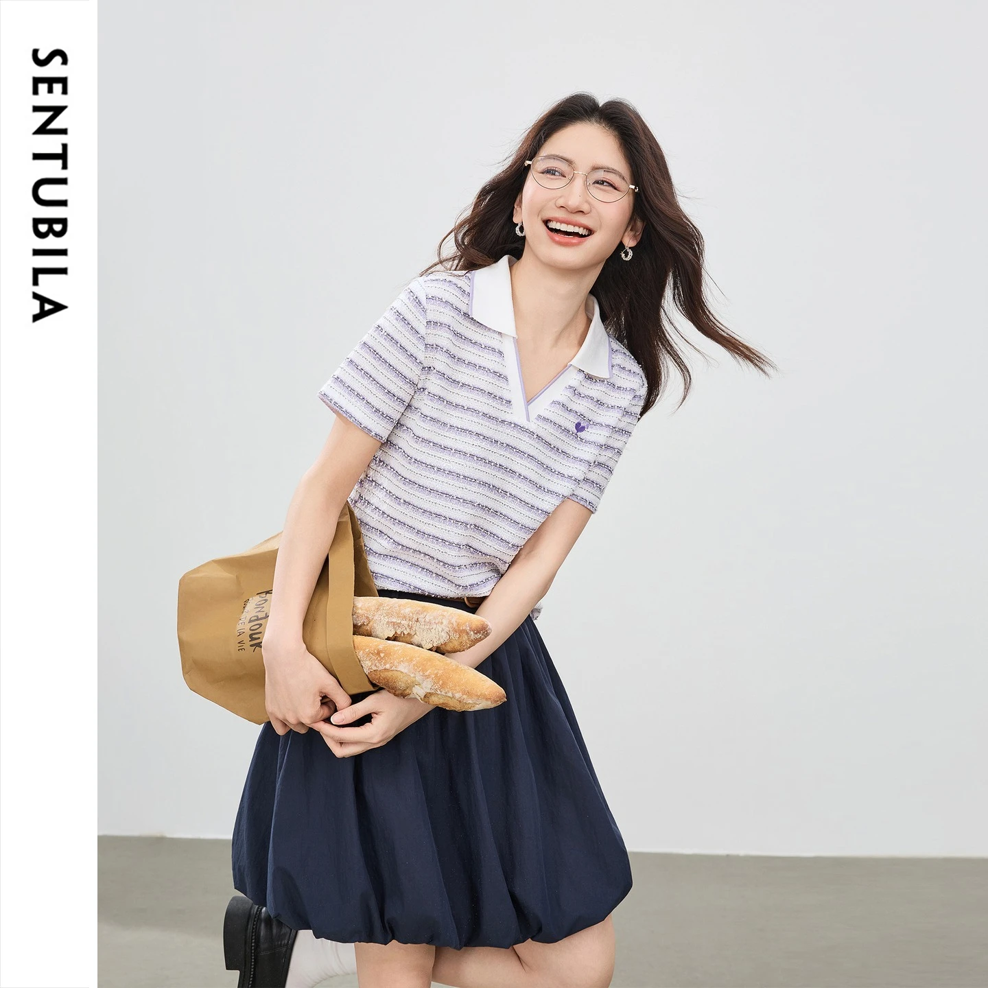 SENTUBILA Women Summer Striped Polo T-shirt 2026 Tweed Style Embroidery Textured Short Sleeve T Shirts Woman Clothes 162BB7137