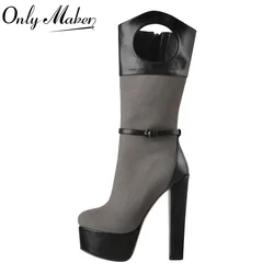 Onlymaker Winter Platform Ankle Boots For Women Grey Canvas Splicing  Zipper Inner Short Plush Chunky High Heels Boots