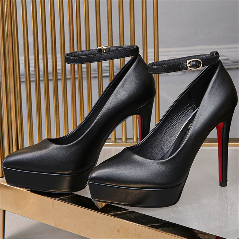 Fashion Women Pointed Toe Black Patent Leather Platform 12cm Thin High Heels Criss Cross Buckle Strap Dance Shoes Stiletto Mujer