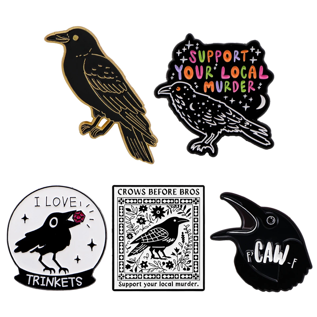 Schwarzer Vogel Emaille Pins Metall Krähe Brosche Rucksack Hut Tasche Kragen Revers Abzeichen Männer Frauen Mode Schmuck Sammlung Geschenk 5 teile/satz
