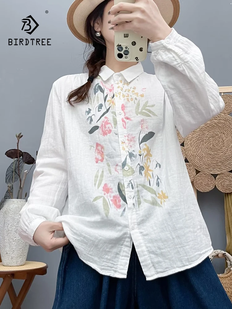 

New 2025 Autumn Cotton Yarn Long Sleeve Shirt, Women Turn-down Collar Print, Mori Girl Retro Commute Soft Loose Blouse T5O419CC