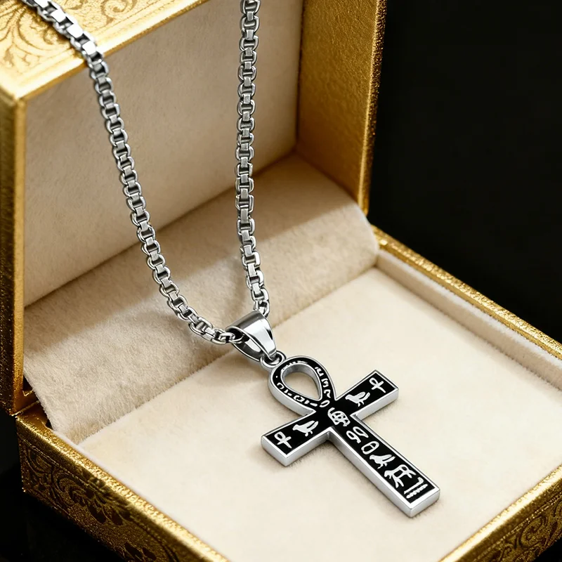 المصرية عنخ الصليب قلادة قلادة الفولاذ المقاوم للصدأ سلسلة مصر القديمة الهيروغليفية الهيب هوب مجوهرات للرجال النساء هدية #4