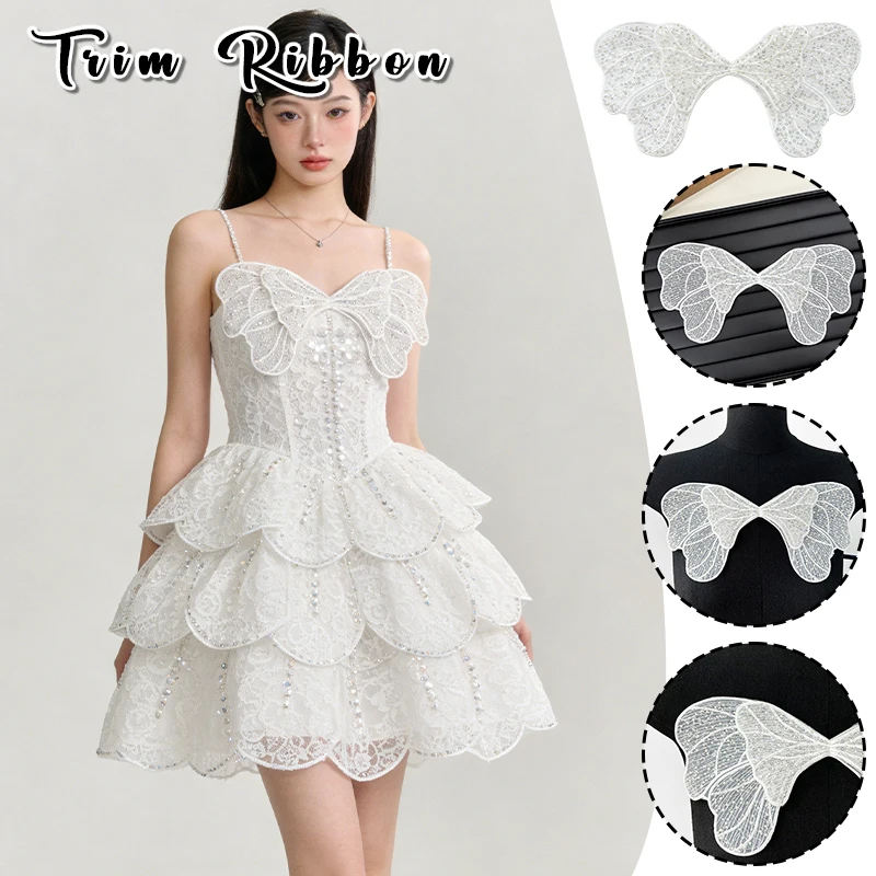 

2pcs Sequin Beading Organza Embroidery Bow Lace Patches Butterfly Sewing Appliques Sew On for Women's Clothing Wedding Gown