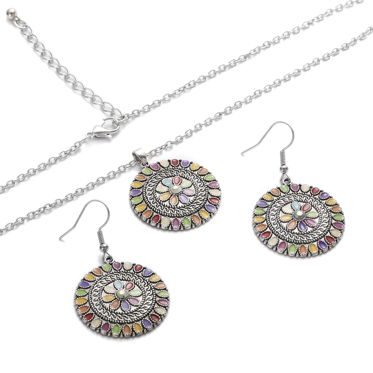 New Ethnic Boho Flower Earrings Jewelry Set Bijoux Women\'s Corful Dripping Oil Earrings Necklace Set