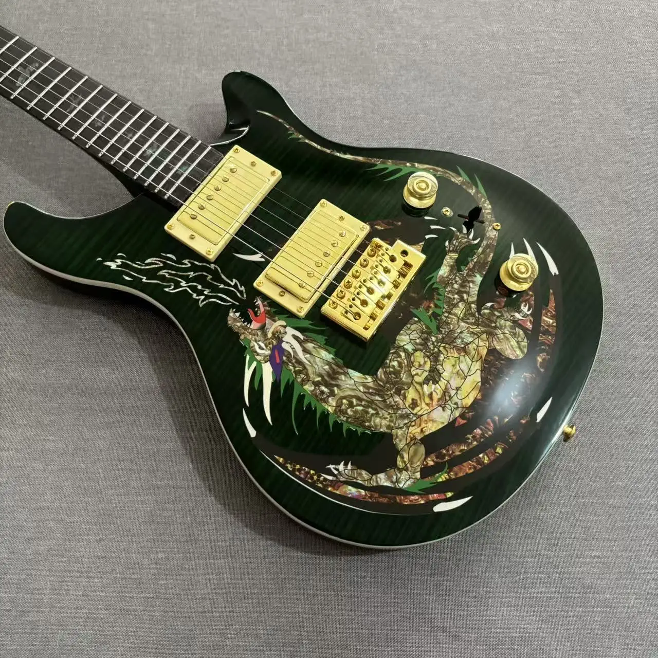 Green Dragon Guitar 2024 Production HH Closed Humbuckers Gold Hardware Hand Painted Dragon Rock Guitar