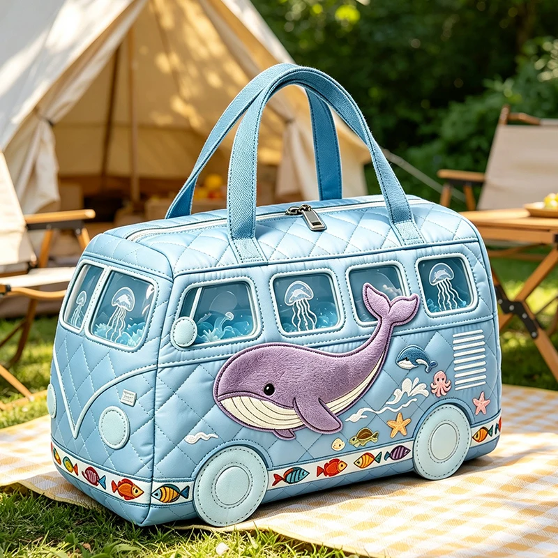 Quilted Travel Duffle Bags Ocean Whale Bus‑Shaped Overnight Weekender Bag Large Capacity Handbag for Beach Camping Short Trip