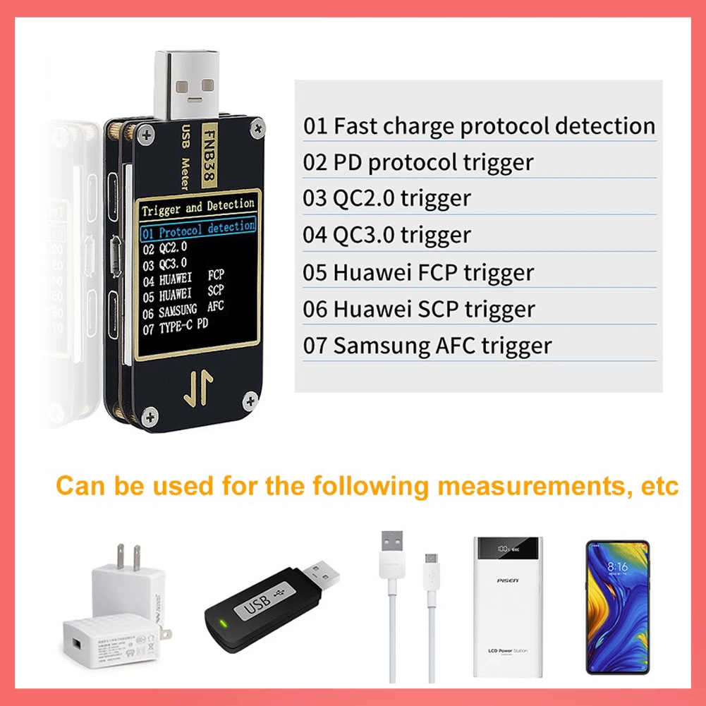 FNB38 USB Tester Medidor de tensão atual, carregamento rápido Protocolo Capacidade Tester, QC4 + PD3.0, QC2.0, PPS, FCP, SCP, AFC