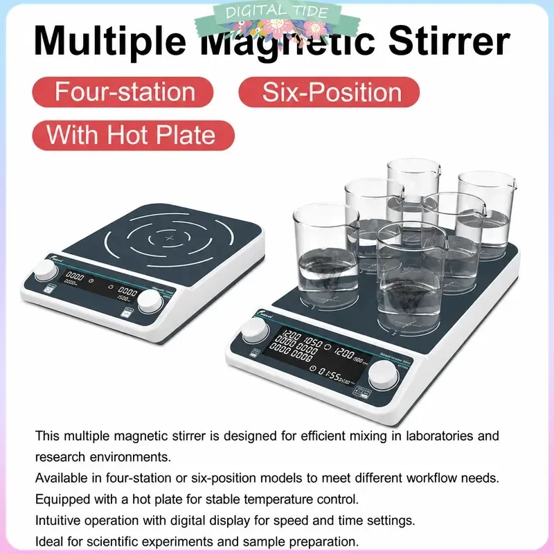 15L Multiple Magnetic Stirrer Hot Plate 50-1500RPM Digital Display Laboratory Stirrer Magnetic Mixer Heating Four-station