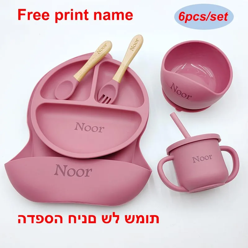 6Pcs Silicone Tableware For Kids Baby Feeding Sets Sucker Bowl Dining Plate Spoon Fork Bib Cup Personalized Name Children's Gift