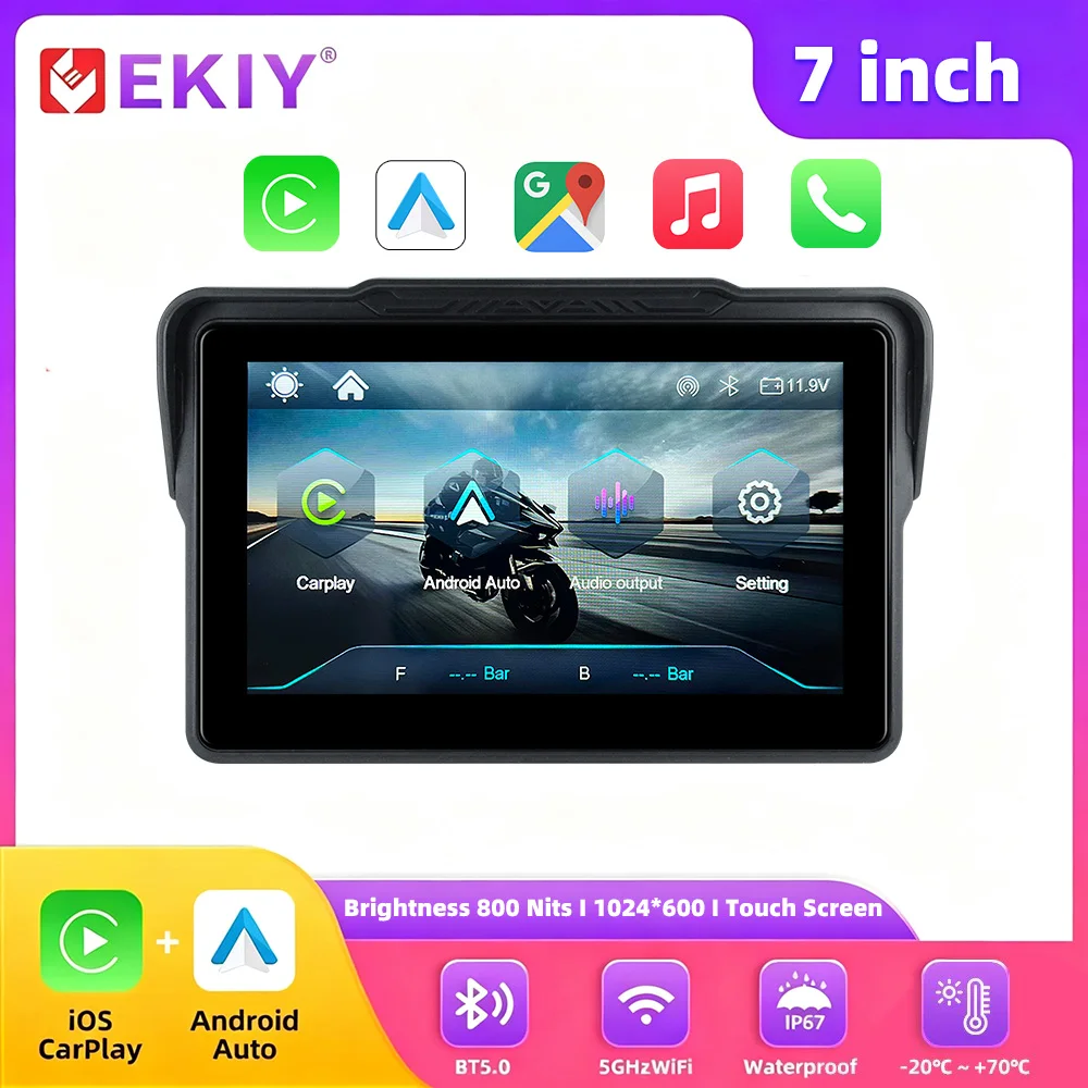 EKIY 7 inch Carplay Android Auto Motorcycle Navigation GPS Wireless IPX67 Rotation Display Screen Portable Moto Monitor TPMS