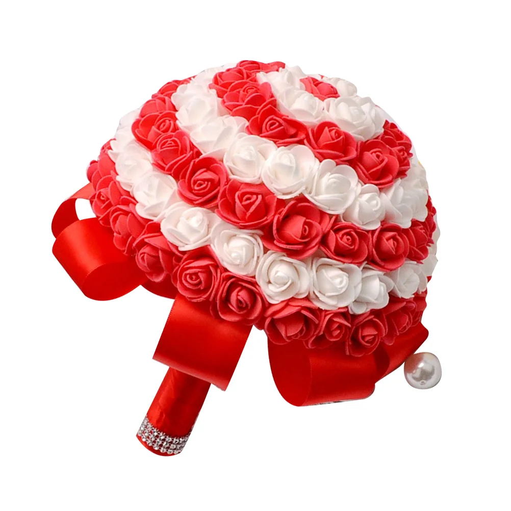 باقة العروس المربوطة يدويًا لون الحلوى المقلد الوردي الرائع من البولي ايثيلين زهرة الزفاف النابضة بالحياة لتزيين مكتب المنزل والعروس