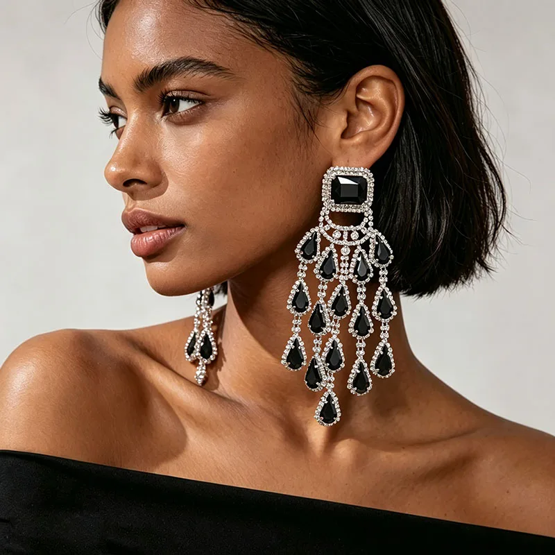 Exaggerate Black Rhinestone Tassel Earrings Luxury Fashion Teardrop Drop Earrings for Women Party Wedding Ear Accessories