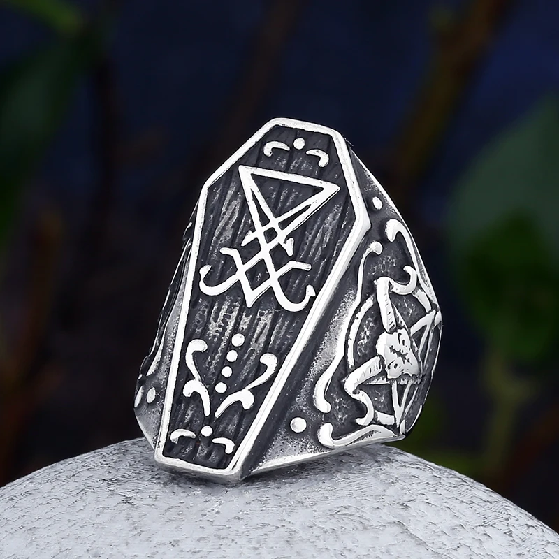 Gothic Lucifer Satan Seal of Satan Signet Rings Punk Stainless Steel Horn Anels Men and Women Pagan Jewelry Party Gift