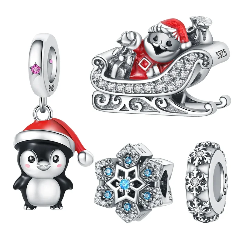 925 Silver Santa Claus Sled Beads Christmas Penguin Charms Fit Original Bracelet for Women Diy Fine Jewelry Gifts Accessory