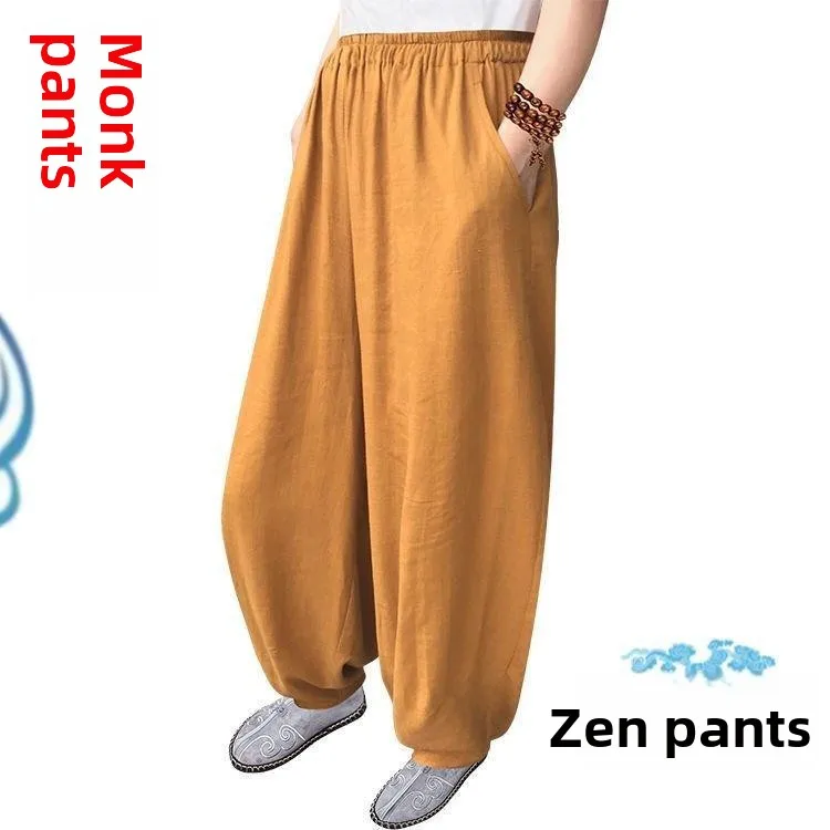

New Men's Cotton Linen Summer Loose Fit Casual Pants No Tie Legs Thin Sle for Meditation And Practice Loose Comfortable Lei...