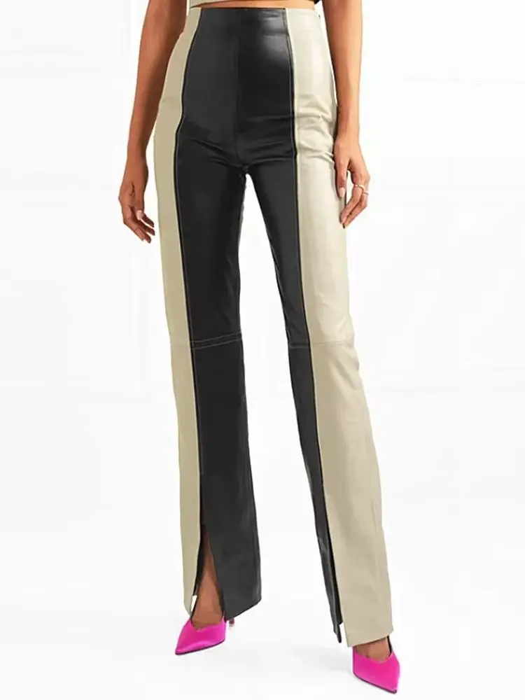 Può adattarsi a 200 cm di altezza Pantaloni in pelle di colore pieno di lunghezza di moda Primavera femminile Pantaloni in pelle pu con design diviso di alta qualità F840