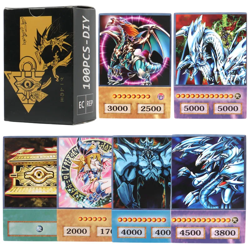 100 Stück Yu-Gi-Oh Anime-Stil Karten Blaue Augen Dunkler Magier Exodia Obelisk Slifer Ra Yugioh DM Klassische Proxy DIY Karte Kinder Geschenk