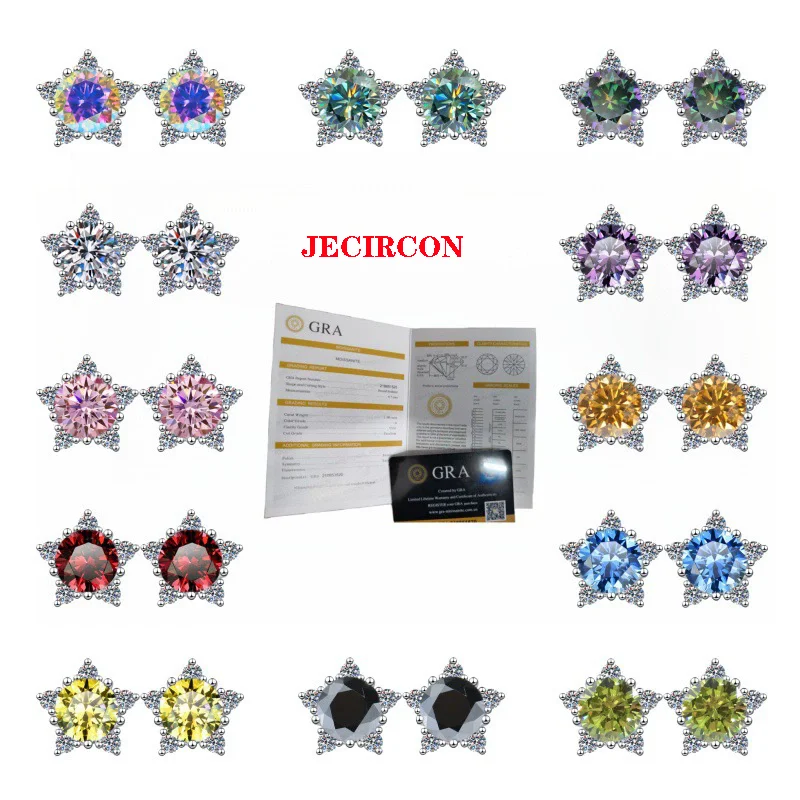 

JECIRCON красочные серьги-гвоздики из муассанита, стерлинговое серебро S925, геометрические серьги с 5-конечной звездой, женские, стильные ювелирные изделия для вечеринок