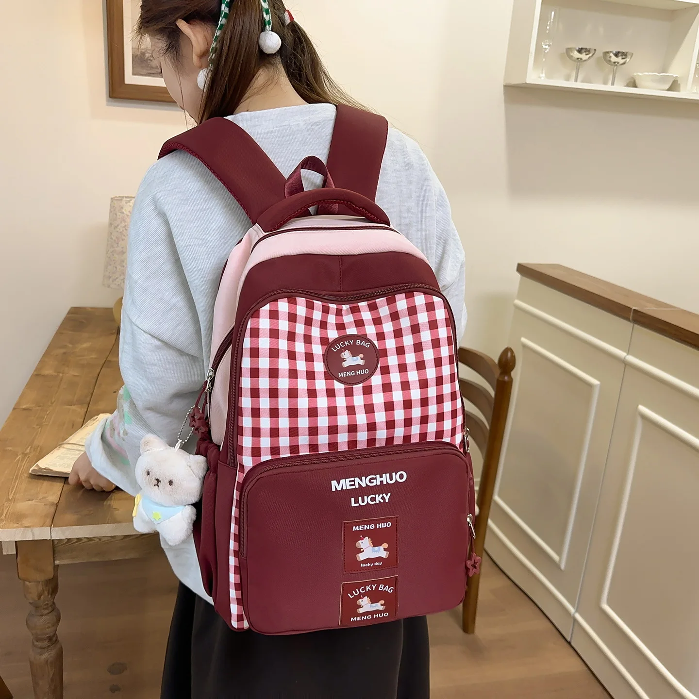 traveasy-2026-nuovo-zaino-campus-a-quadri-gingham-in-nylon-con-ciondolo-orsetto-per-studenti-delle-scuole-medie-e-superiori-borsa-per-il-trasporto-quotidiano-e-per-le-lezioni