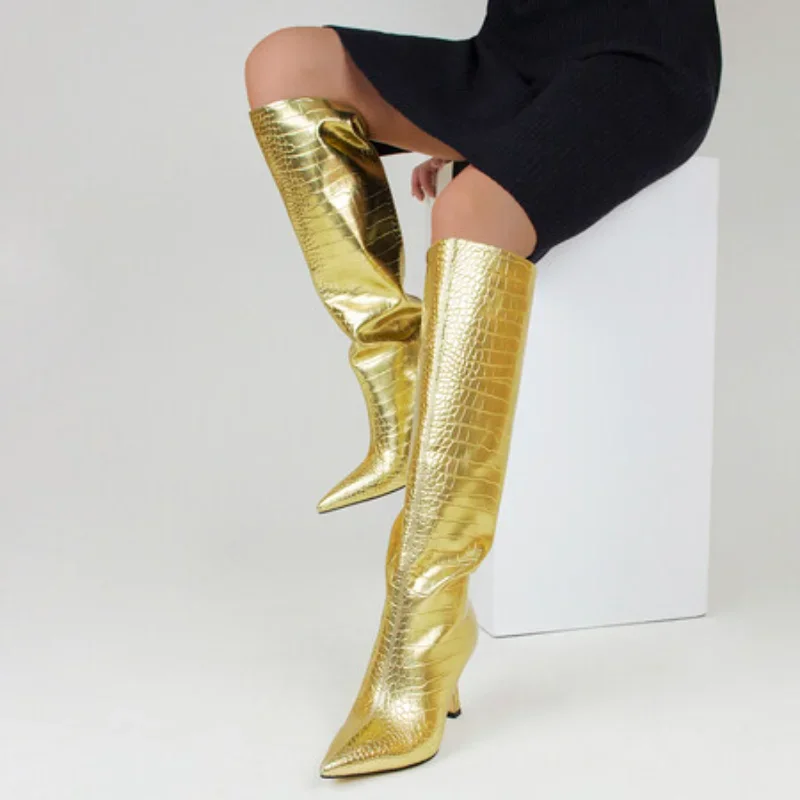 

Women Knee High Boots Crocodile Print Thin Handmade Ladies Shoes Woman Size 41 Fashion Autumn Winter Long Boots