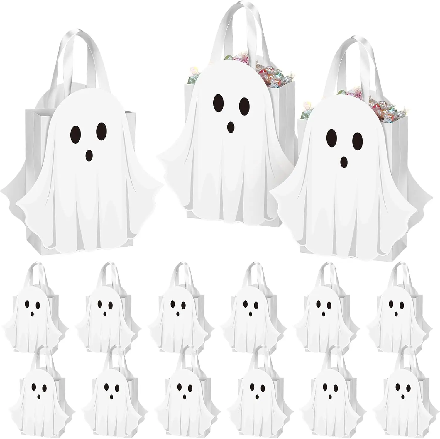 15 Pcs Halloween Ghost Paper Gift Bags, with Handle,White | Trick or Treat Candy Goodie Gift Bags Bulk, Cute Halloween Party Bag
