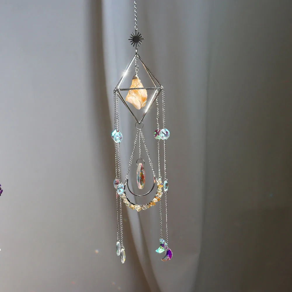Custom Silver Geometric Frame Raw Citrine Stone Crystal Sun Catcher - Glass Pendants Hanging Ornament for Window Decor