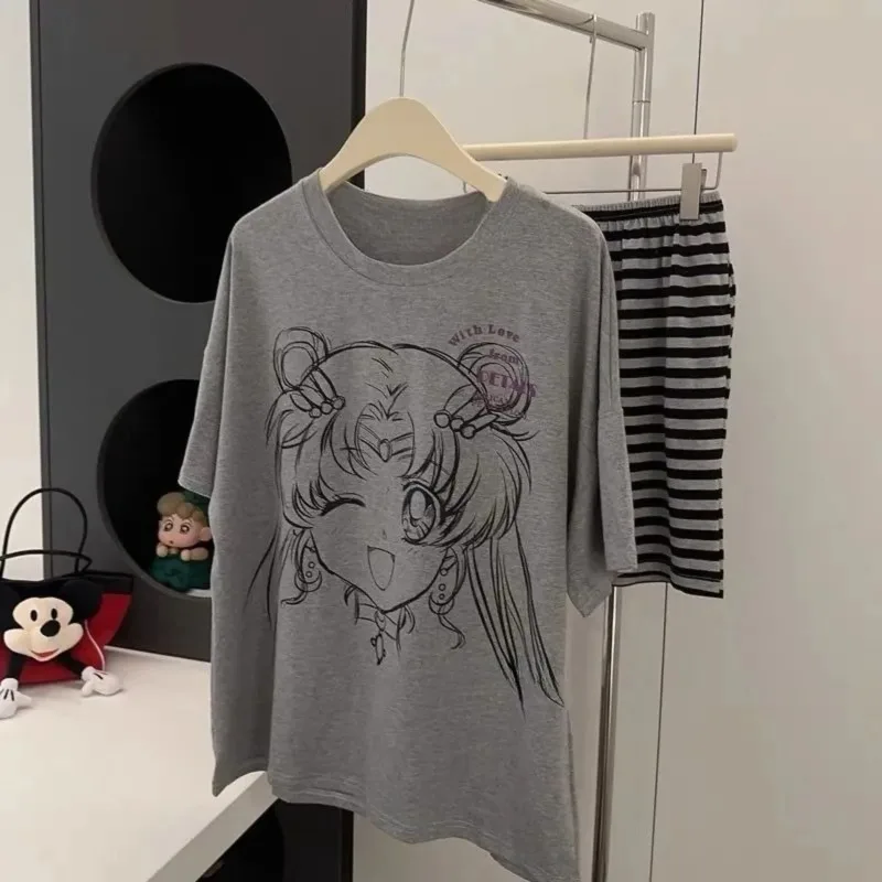 

Sailor Moon 2025 New Hot Y2k Oversized T-shirt Japanese Pajamas Summer Cotton Crew Neck Cute Cartoon Striped Casual Loungewear