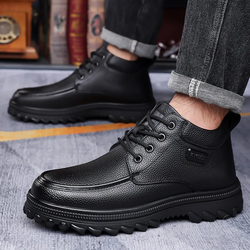 Top Quality THick Bottom Flat Platform Shoes Mens Genuien Leather Boots 2026 Winter High Top Thick Fur Ankle Boots Work Father