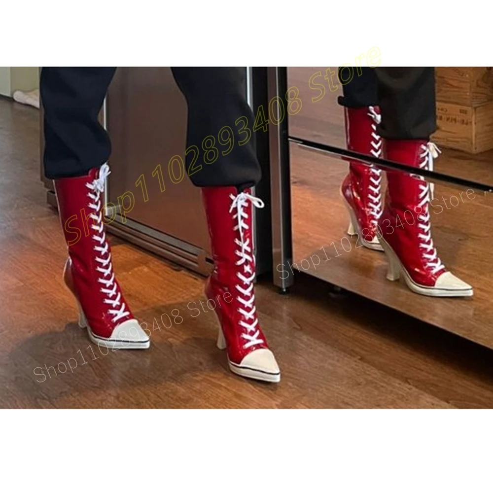 Sports Style Pointed Toe Cross Tied Mid Calf Boots Red Pointed Toe Fashion Sexy Outside Women Shoes 2024 Zapatos Para Mujere