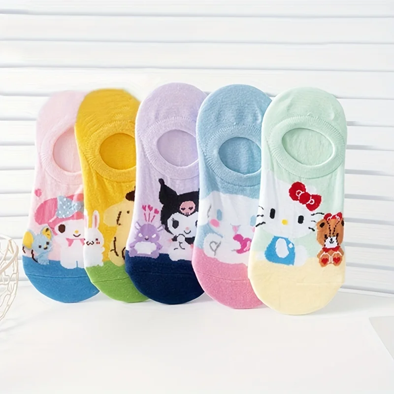 Kawaii Sanurgente Kuromi Melody of Teenager Cartoon No-show Chaussettes, Chaussettes douces et confortables pour toutes les saisons, 5 paires