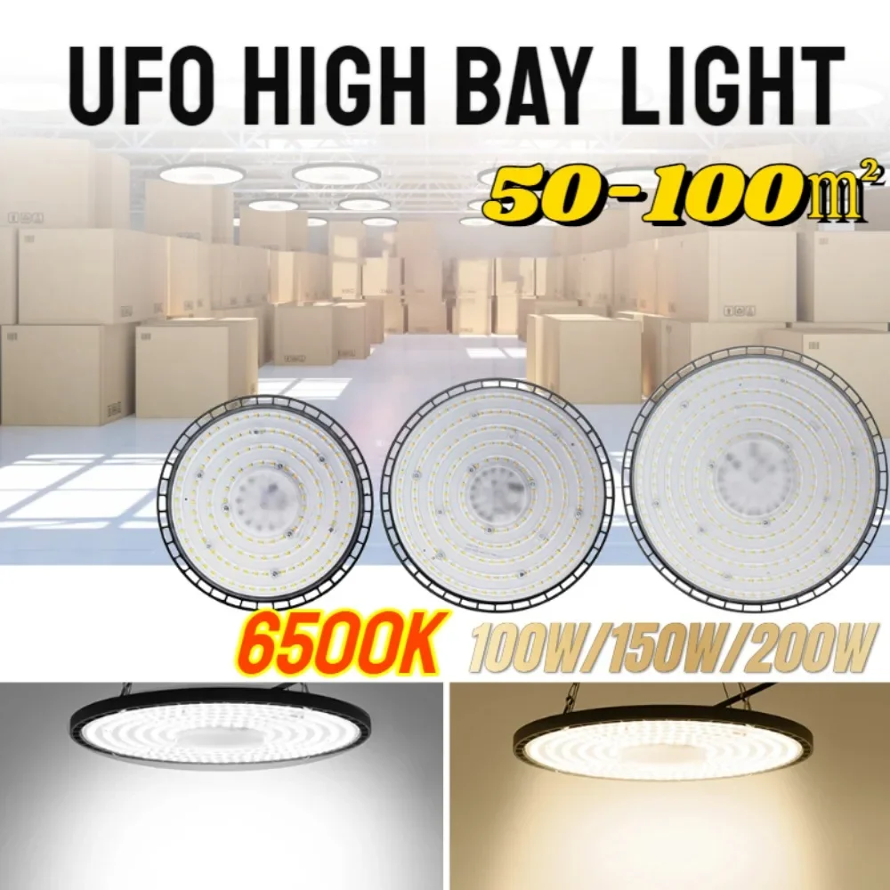 

100W 150W 200W UFO High Bay светильник 6500K, холодный белый свет IP65, водонепроницаемый телефон, промышленное освещение для гаража, тренажерного зала, заводского склада