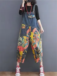 Vintage Patchwork Printing Denim Jumpsuit Women Casual Loose Wide Leg Dungarees Baggy Pants Rompers Spring Summer Jeans Overalls