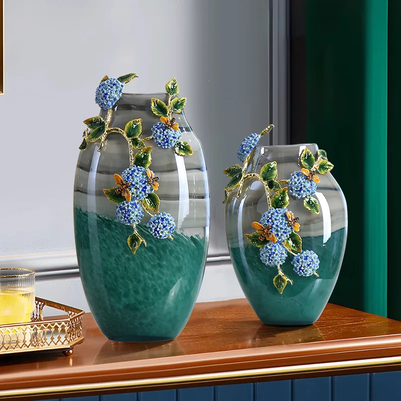 Enamel art hydrangea vase ornament glass handicraft TV cabinet entrance decoration light luxury housewarming gift