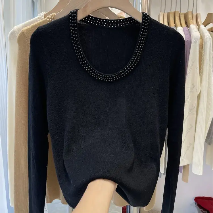 Pull à manches longues à col en U pour femme, pull amincissant, haut décontracté, design d'automne et d'hiver, perle à ongles