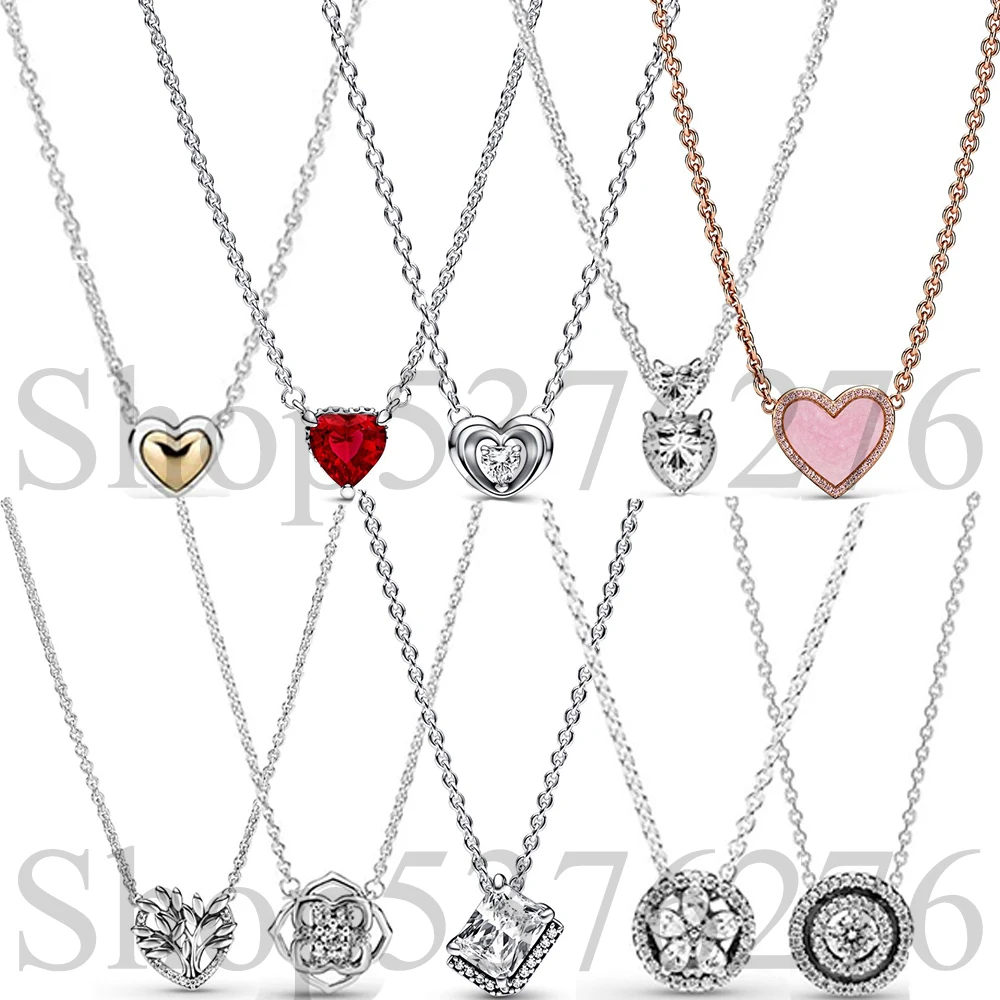 

925 Sterling Silver Heart Stone Halo Family Tree Snowflake Swirl Fashion Collier Necklace Fit Women Bead Charm Gift DIY Jewelry