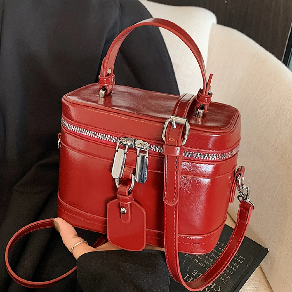 

Burgundy Hand-Held Bucket Bag Korean Ins Simple Solid Color Crossbody Bags Daily Working Commute One Shoulder Packs