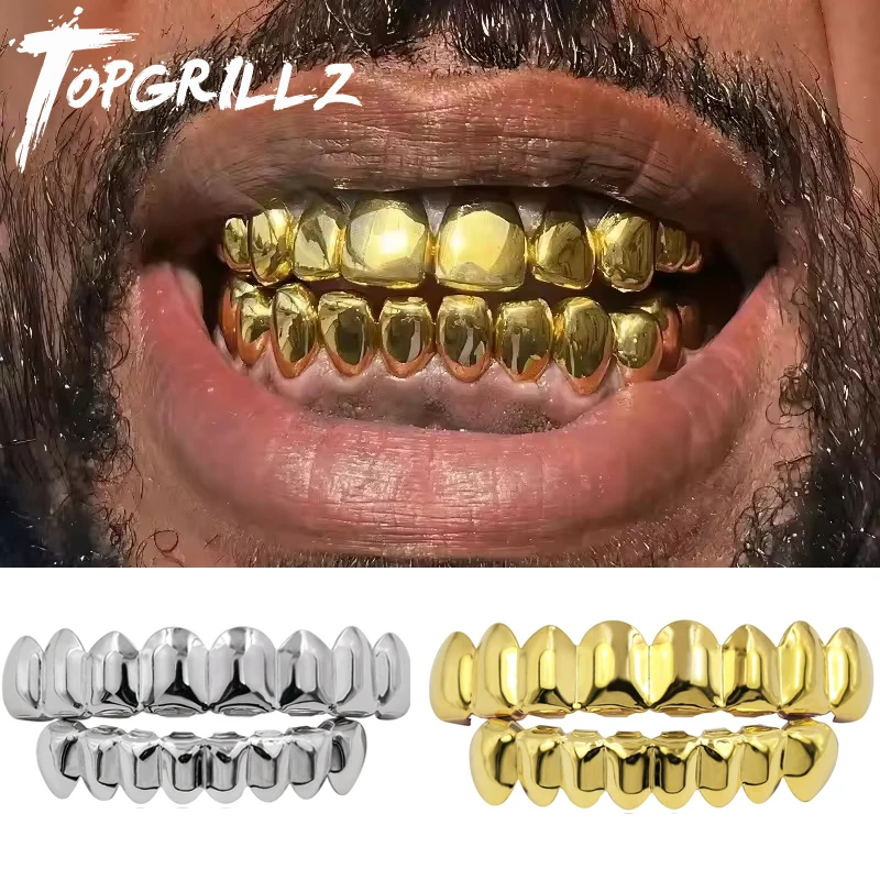 TOPGRILLZ Set di griglie superiori e inferiori per denti HIP HOP placcati in oro e argento con set di denti da vampiro veri e lucidi in silicone