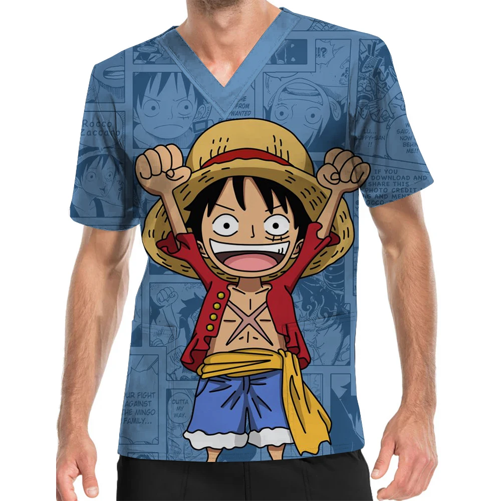 Neue One Piece Anime Print V-Ausschnitt Print Scrub Top Herren Spielplatz Oceanarium Anime Ausstellung Herren Arbeitsuniform