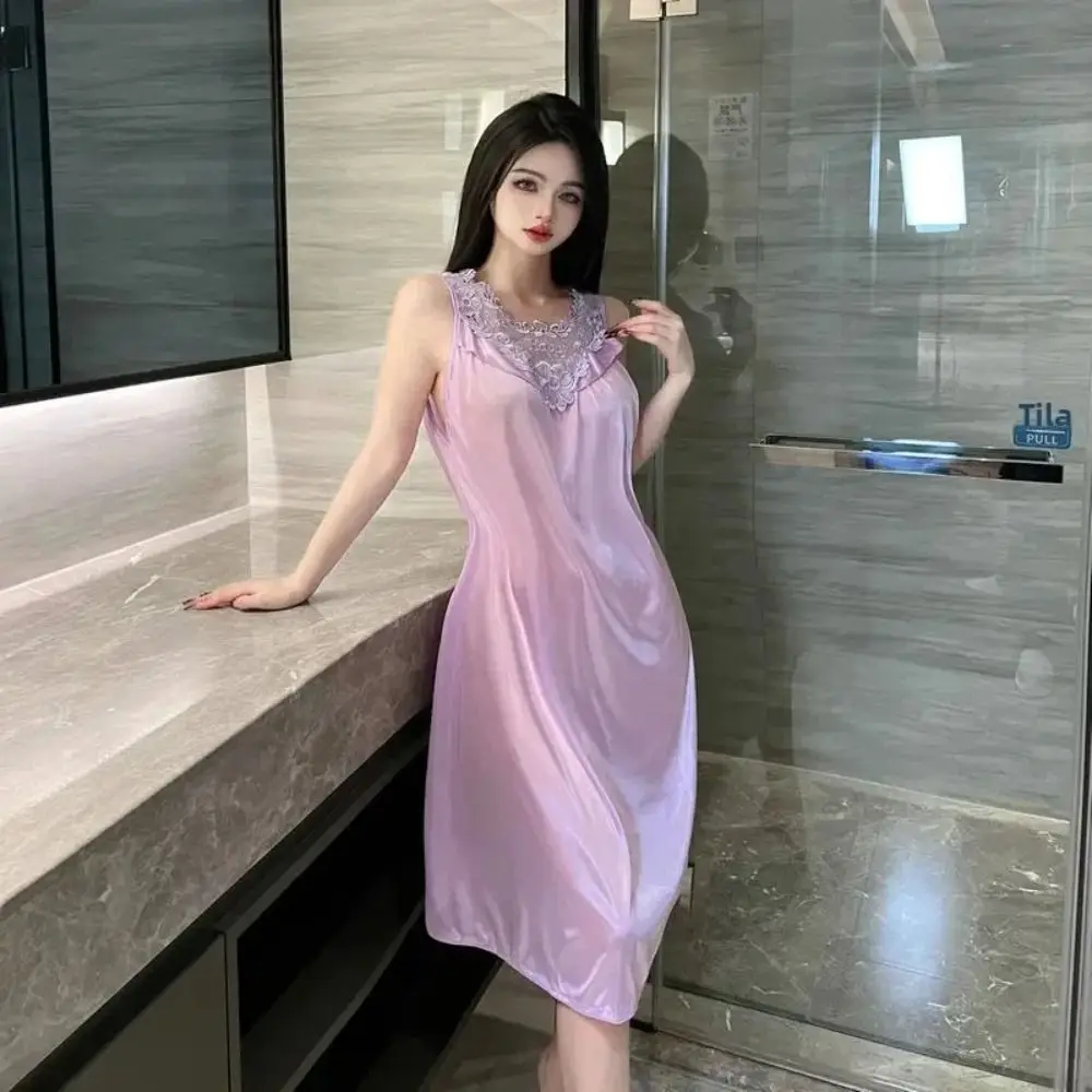 Lace Edge Decoration Lace Trim Nightgown Breathable Light Material No Sleeve Sleeveless Sleep Dress Casual Oversized Loose Fit