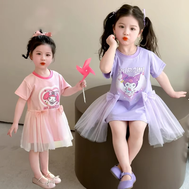 

Милое летнее платье для девочек Kawaii Kuromi, фиолетовое, из фатина, с бантом, А-силуэт, платье принцессы, милое мультяшное детское праздничное повседневное платье, подарок, мультяшный дизайн
