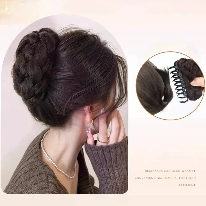 Elegant Synthetic Hair Bun Claw Clip Flower Bud Head Fluffy Dished Hair Back Clip for Women Girls Wig Bag Fashion Accessory
