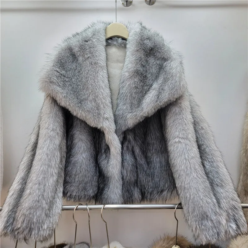 WTHT Trendy Fashion Women's Gradient Plush Fake Fur Warm Coat 2025 Winter New Lapel Long Sleeves Short Jacket Female 1LS2734