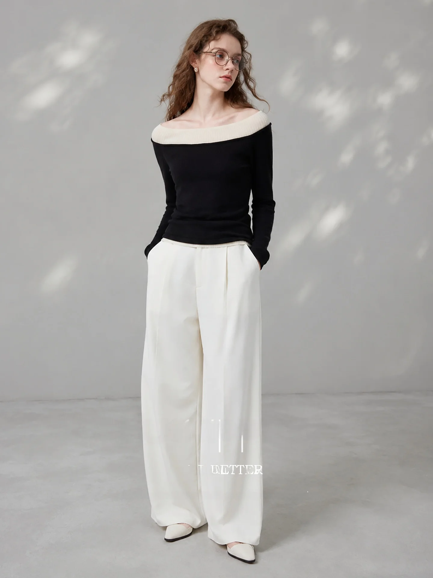 HUAAPPUW Black White Splice Shoulder Bared Color Block Knitted Top Slimming Base Layer Shirt Autumn 2026 Simple Style Medium ...