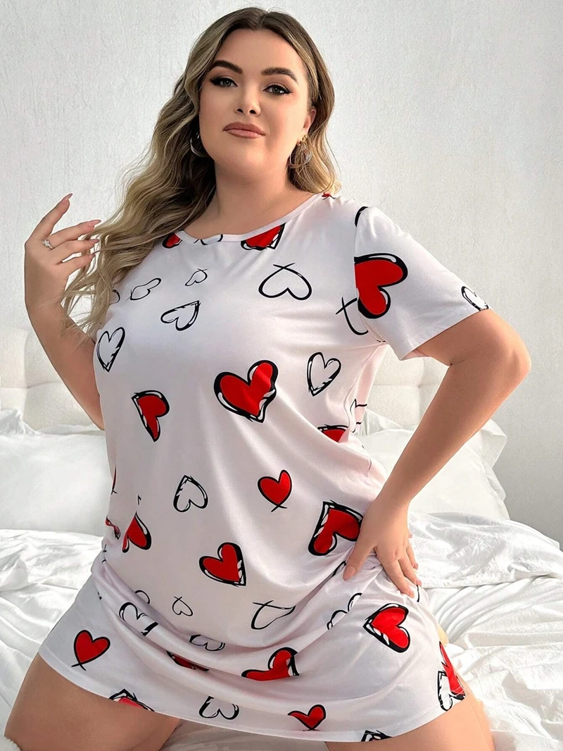 Camisón elegante con estampado de mariposas, talla grande, manga corta, cuello redondo, vestido camisero, tela transpirable, ropa de dormir para mujer